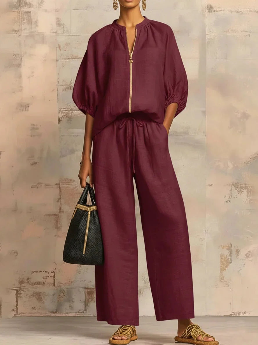Zip Front Half Sleeve Top and Wide Leg Pants Two Piece Set