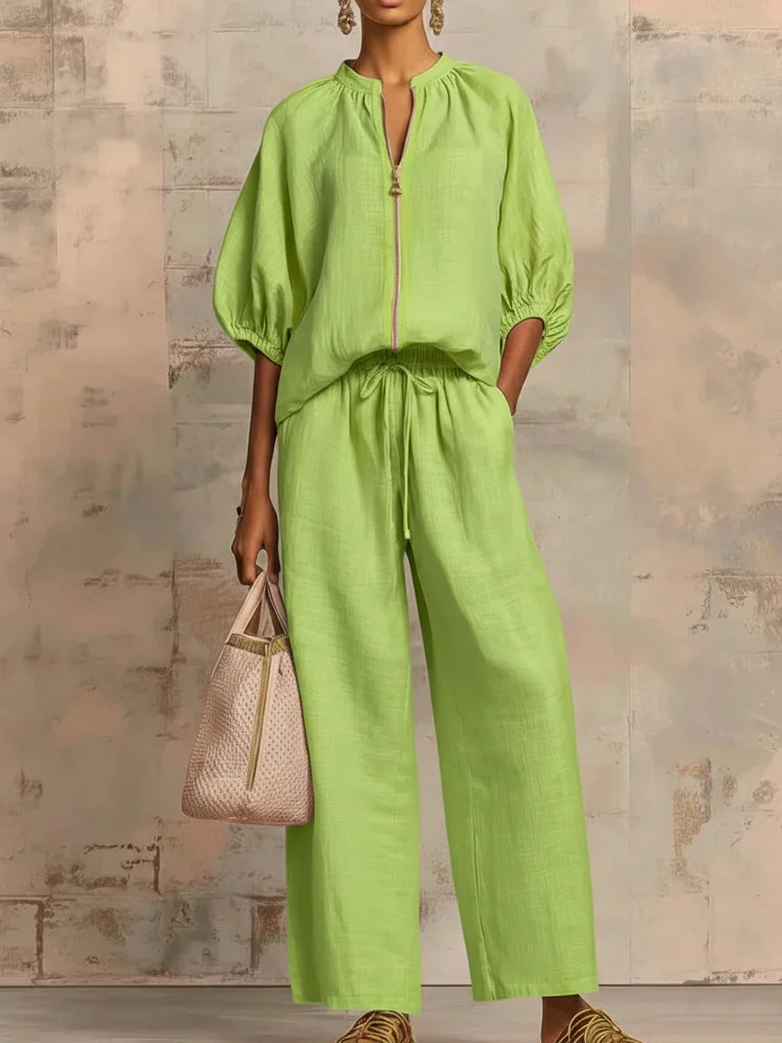 Zip Front Half Sleeve Top and Wide Leg Pants Two Piece Set