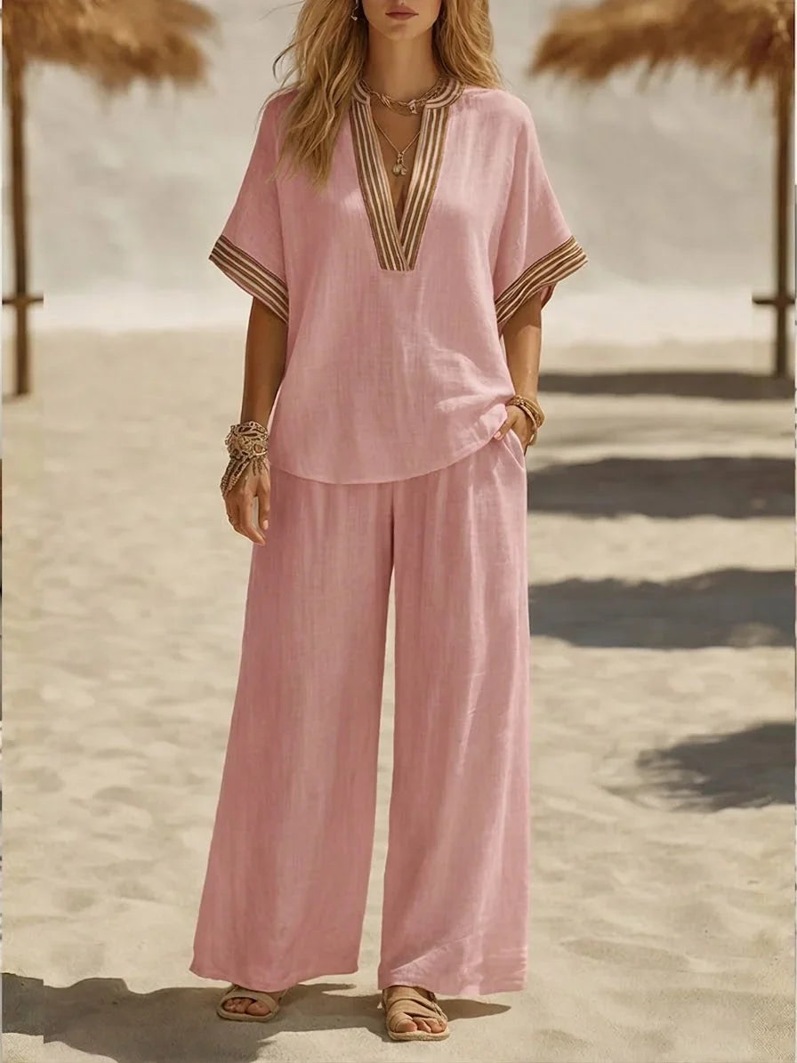 Contrast Stripe V-Neck Top and Wide Leg Pants Two Piece Set