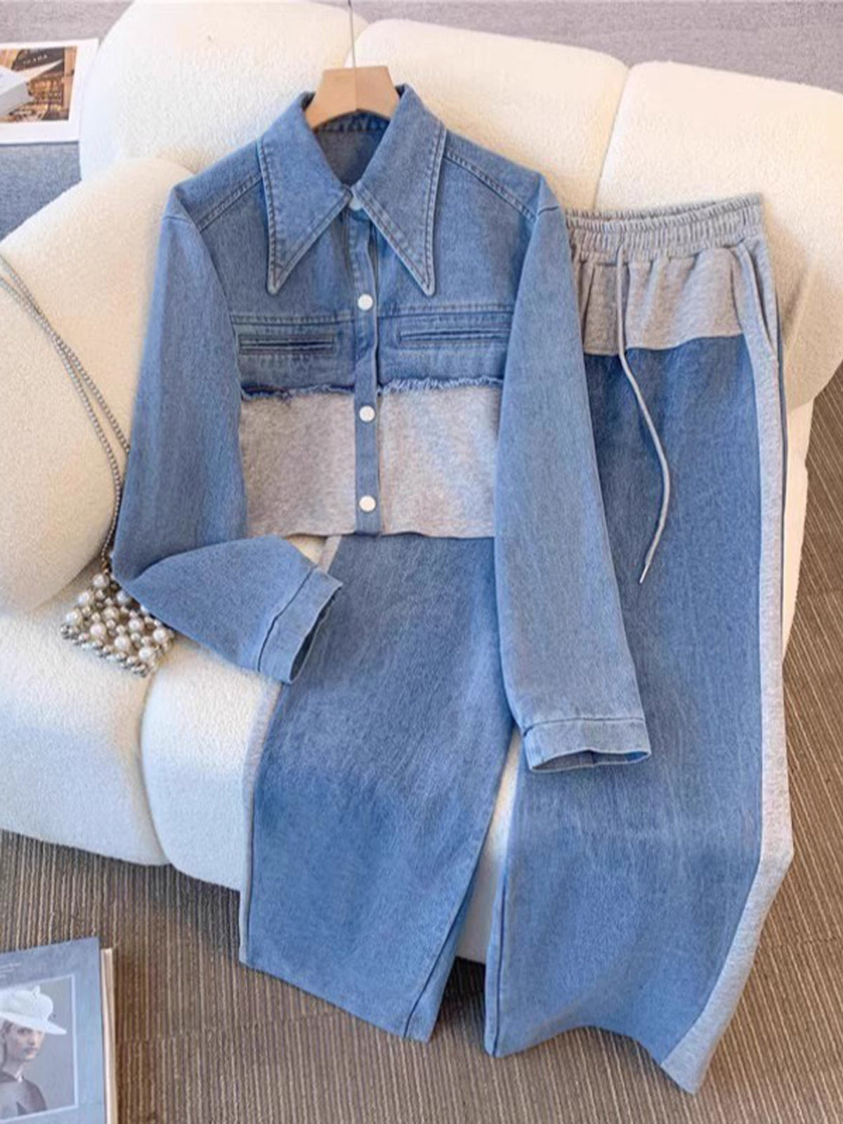 Collared Crop Denim Shirt and Side Stripe Pants Two Piece Set