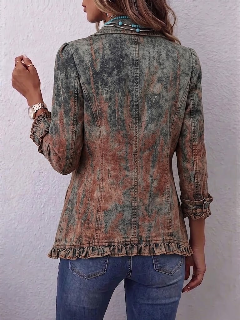Ruffle Trim Double Breasted Distressed Print Jacket