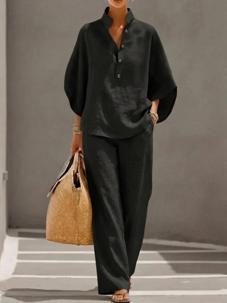 Stand Collar Button Front Top and Wide Leg Pants Two Piece Set