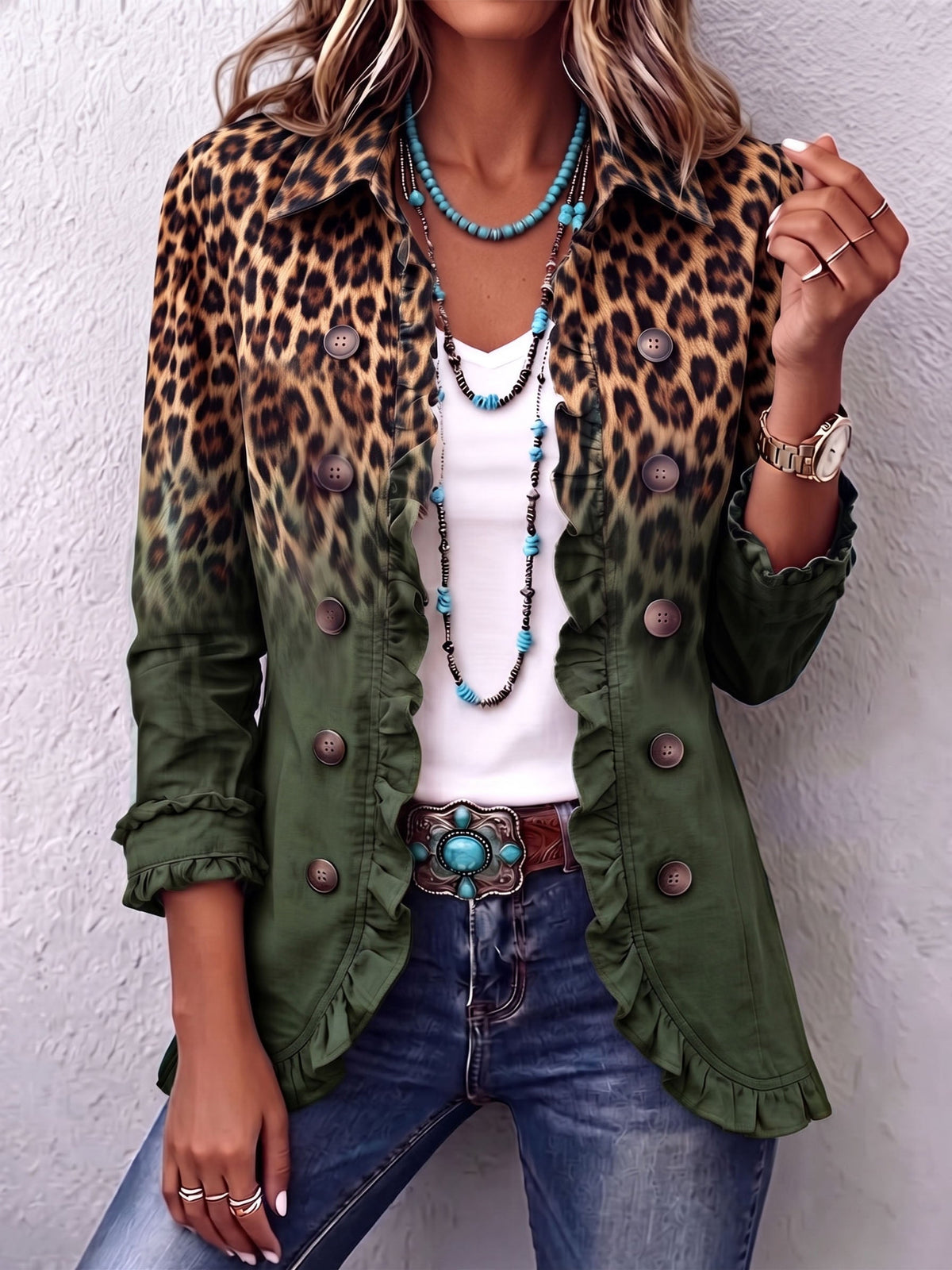 Leopard Print Ombre Ruffle Trim Button Front Jacket