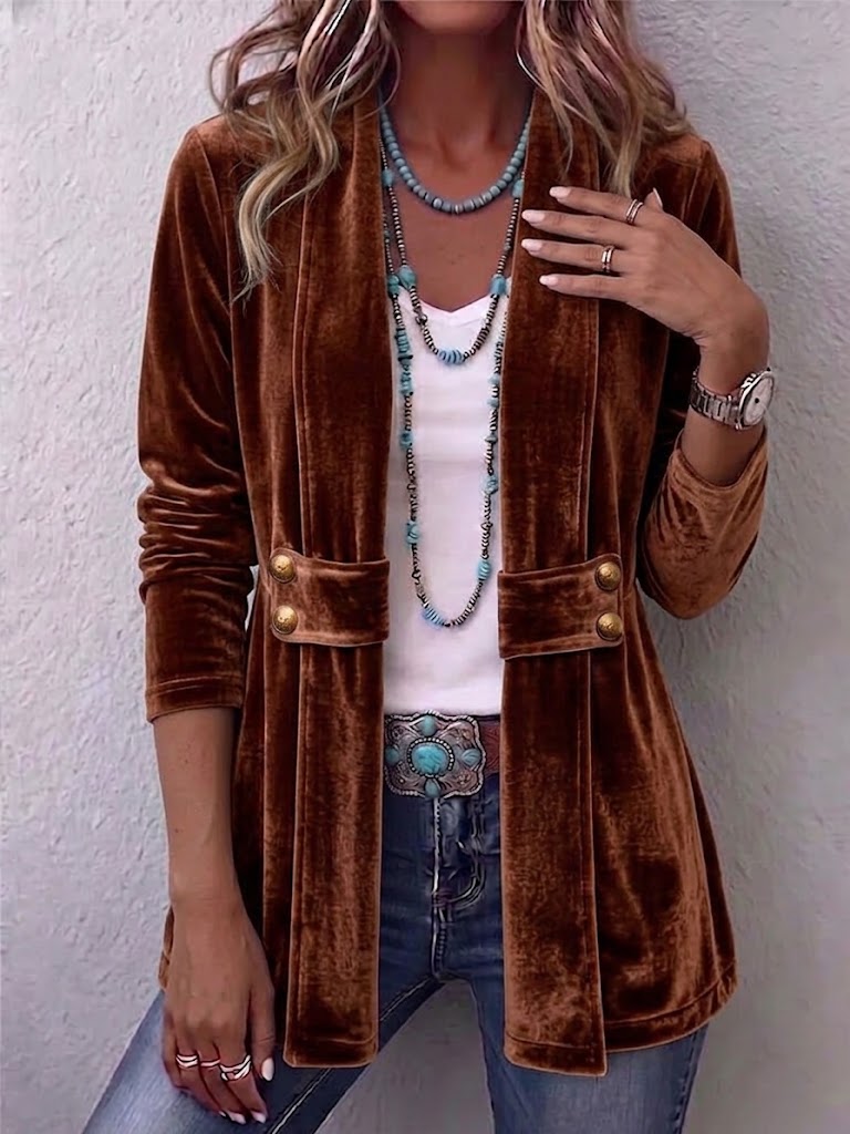 Open Front Flap Pocket Button Velvet Jacket