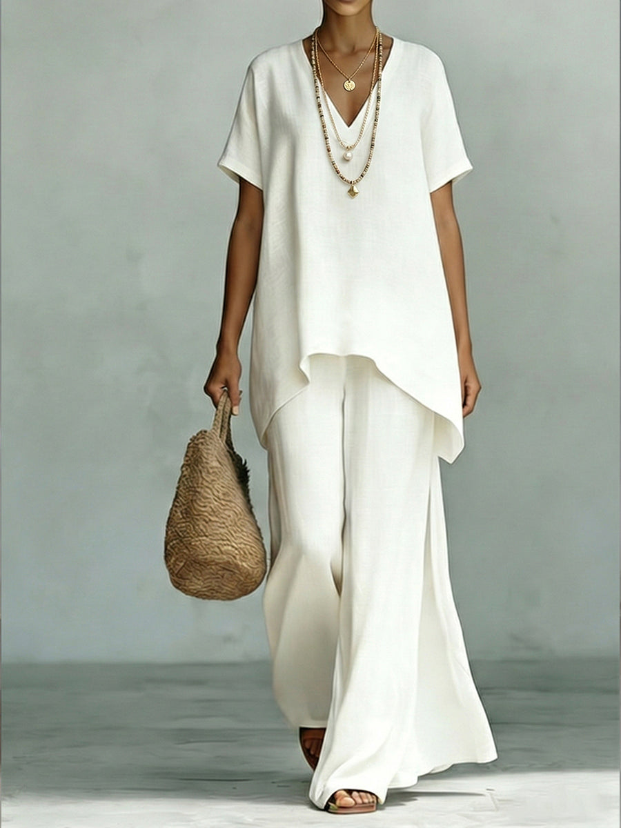 V-Neck Short Sleeve High Low Top and Wide Leg Pants Two Piece Set