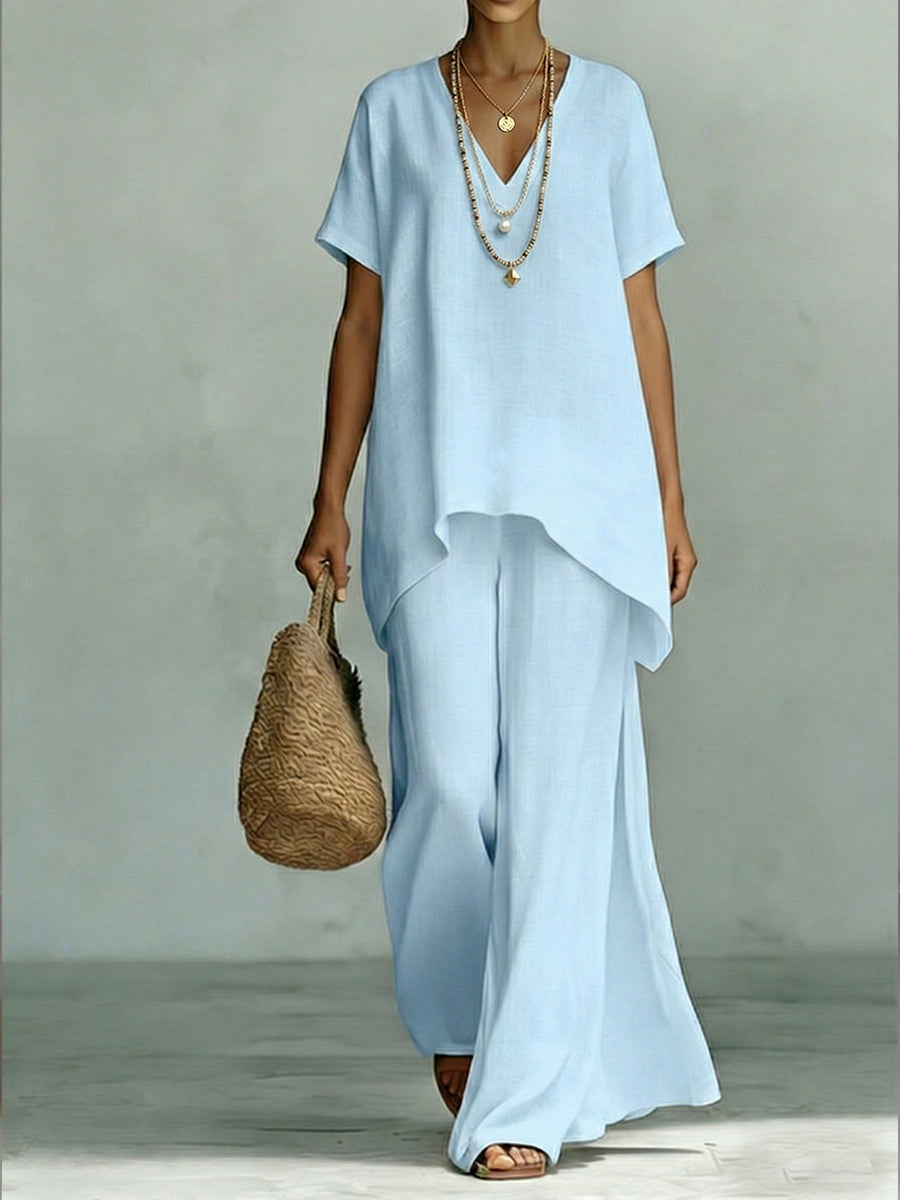 V-Neck Short Sleeve High Low Top and Wide Leg Pants Two Piece Set