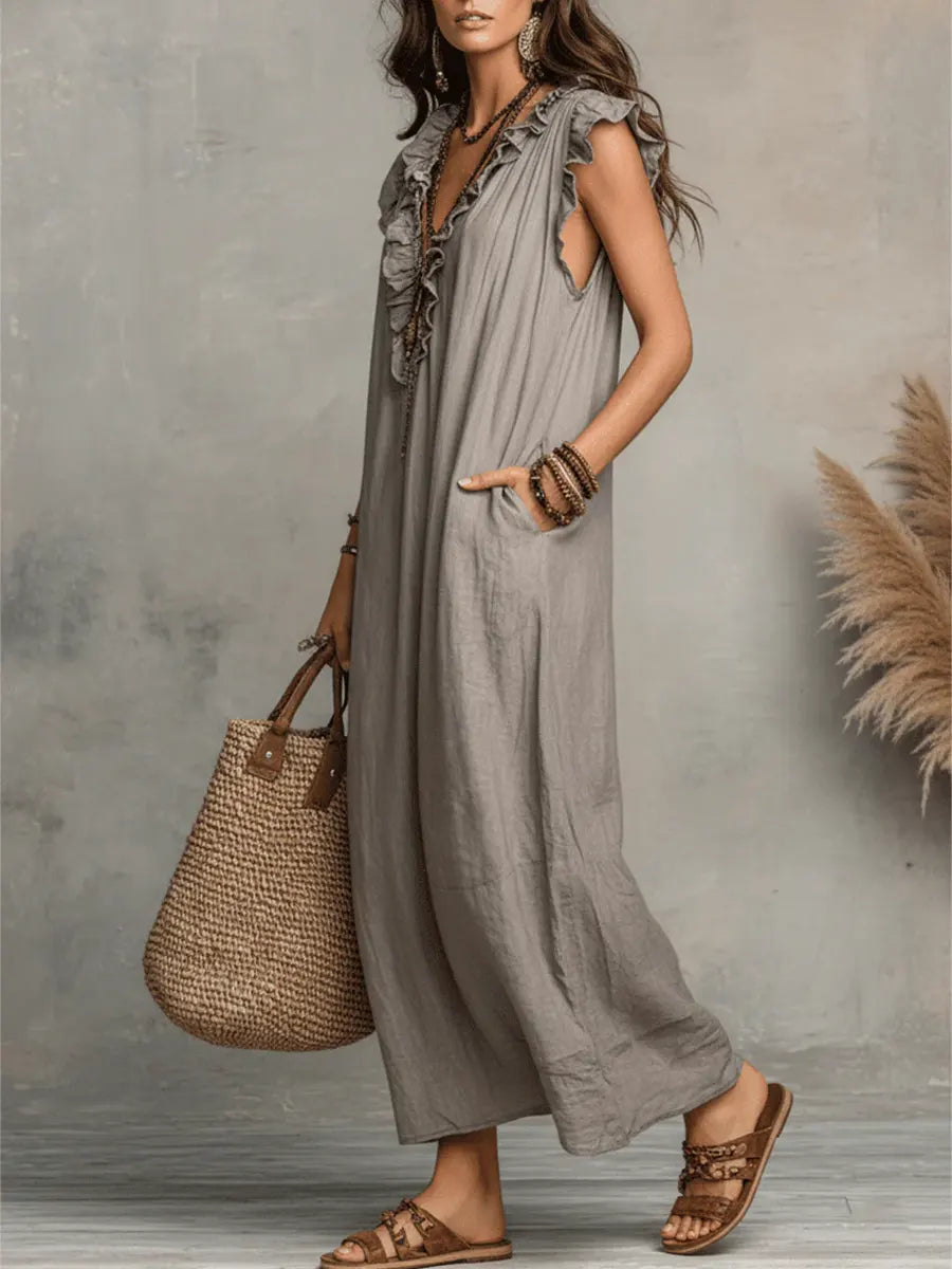 Ruffle V-Neck Sleeveless Pocket Linen Maxi Dress