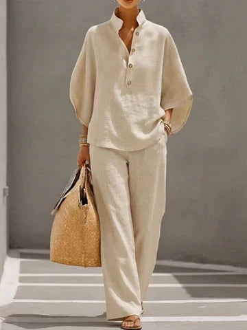 Stand Collar Button Front Top and Wide Leg Pants Two Piece Set