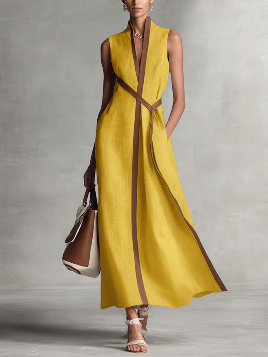 Contrast Trim V-Neck Sleeveless Maxi Dress