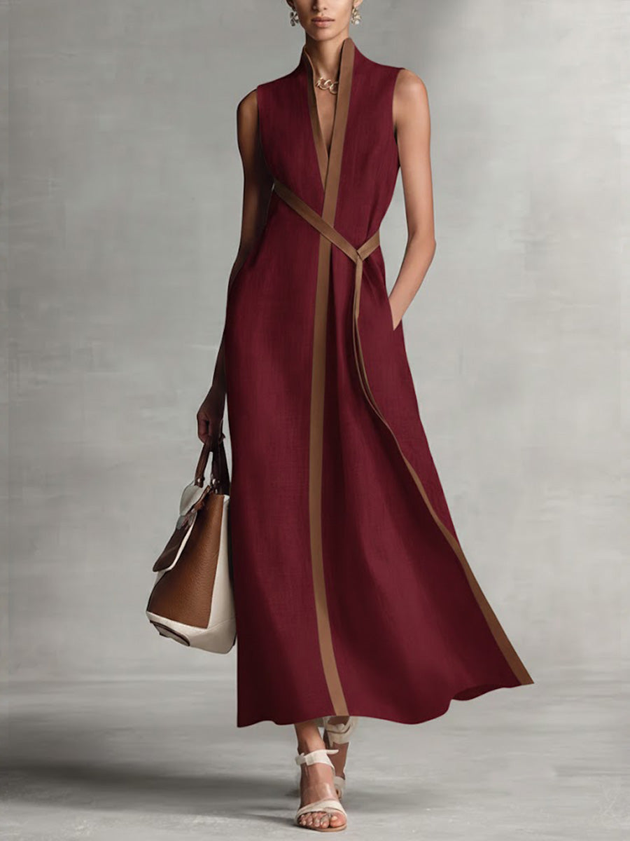 Contrast Trim V-Neck Sleeveless Maxi Dress