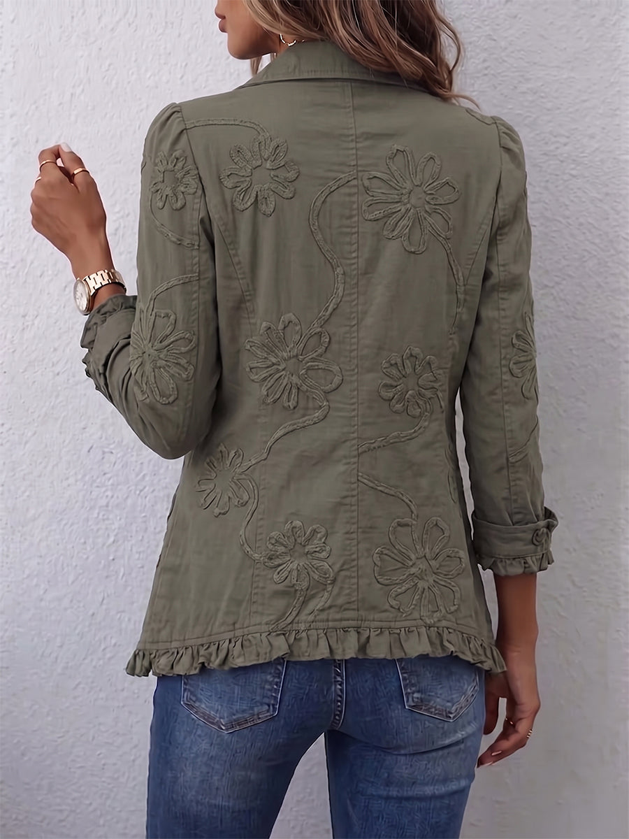 Floral Textured Ruffle Trim Button Front Shacket