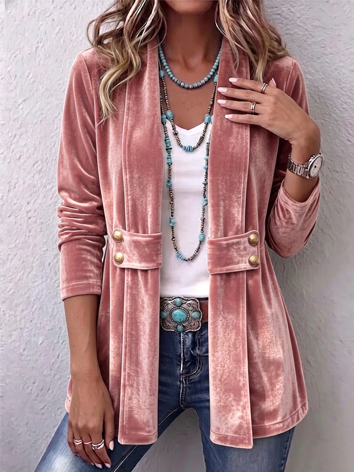 Open Front Flap Pocket Button Velvet Jacket