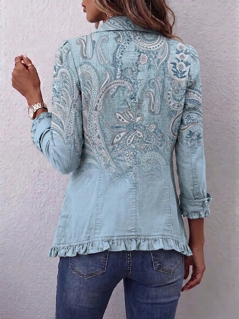 Paisley Print Ruffle Trim Button Down Shacket