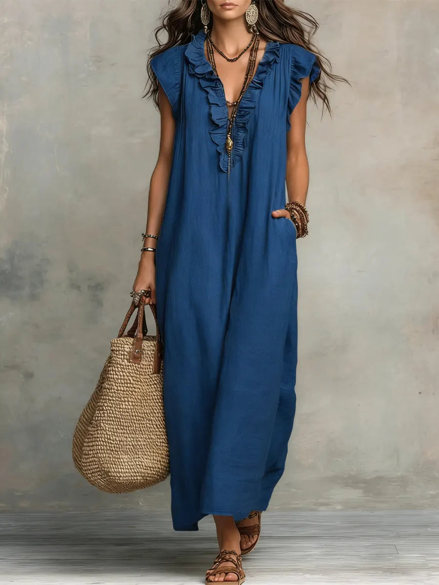 Ruffle V-Neck Sleeveless Pocket Linen Maxi Dress
