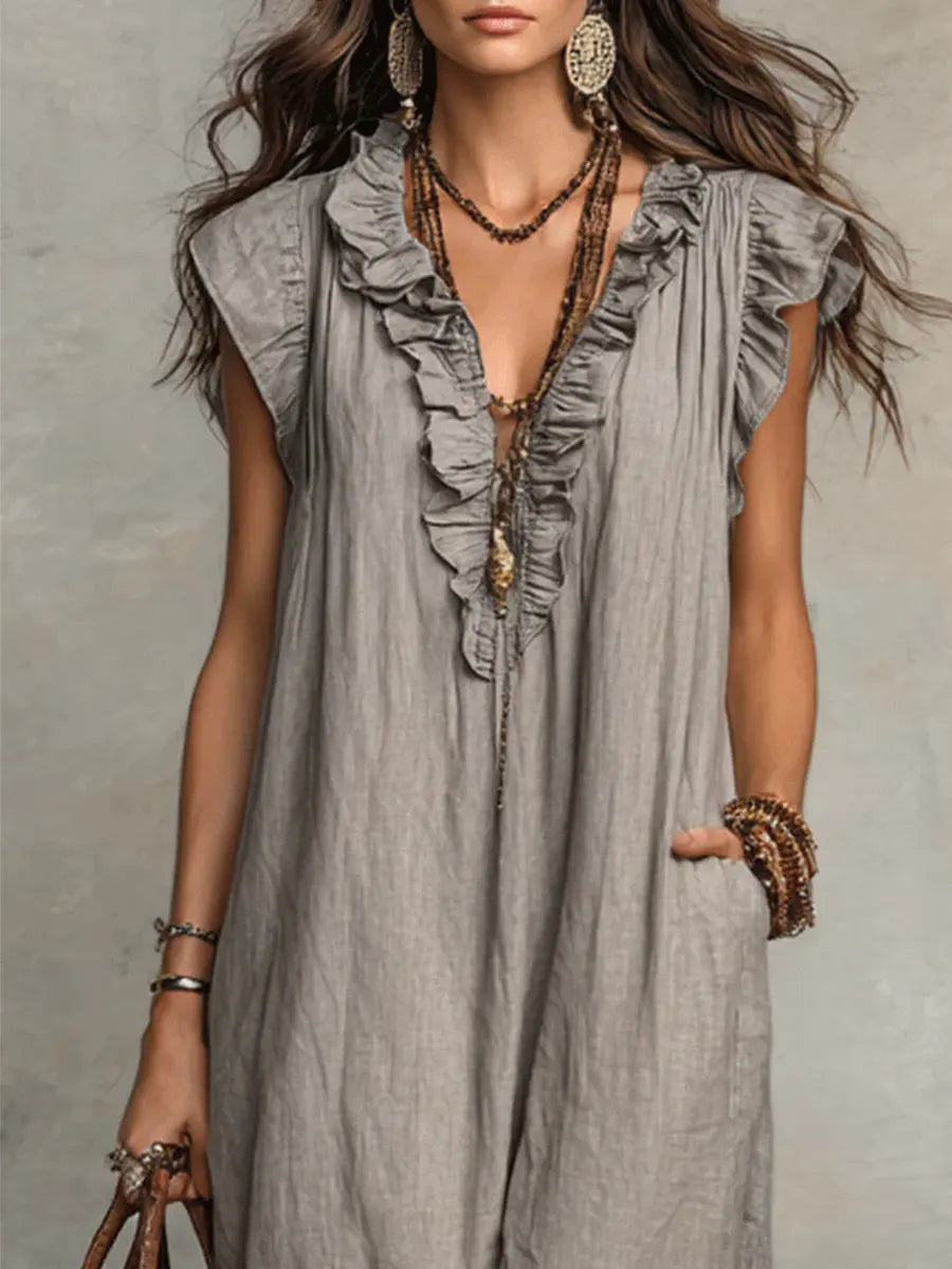 Ruffle V-Neck Sleeveless Pocket Linen Maxi Dress