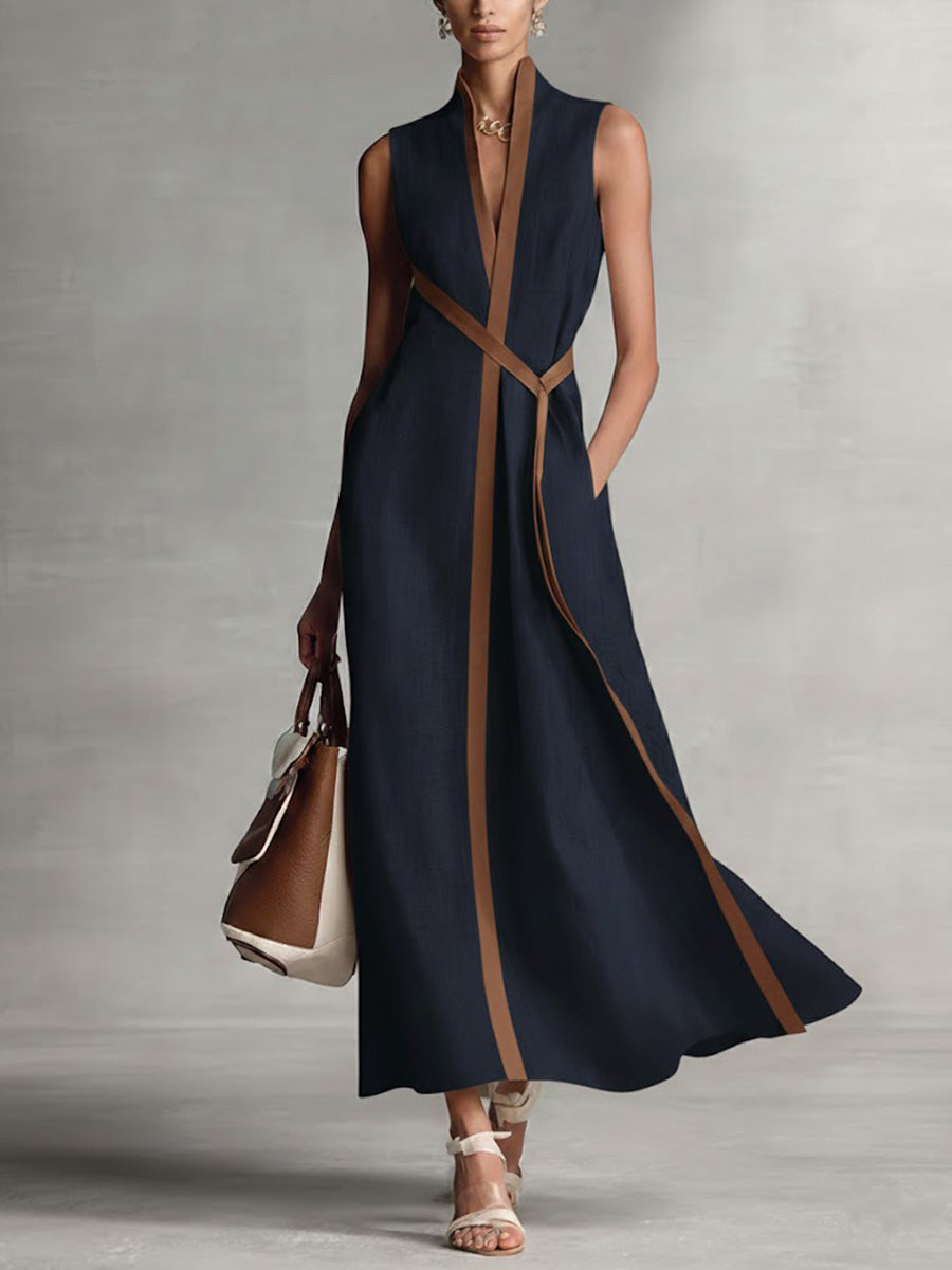 Contrast Trim V-Neck Sleeveless Maxi Dress