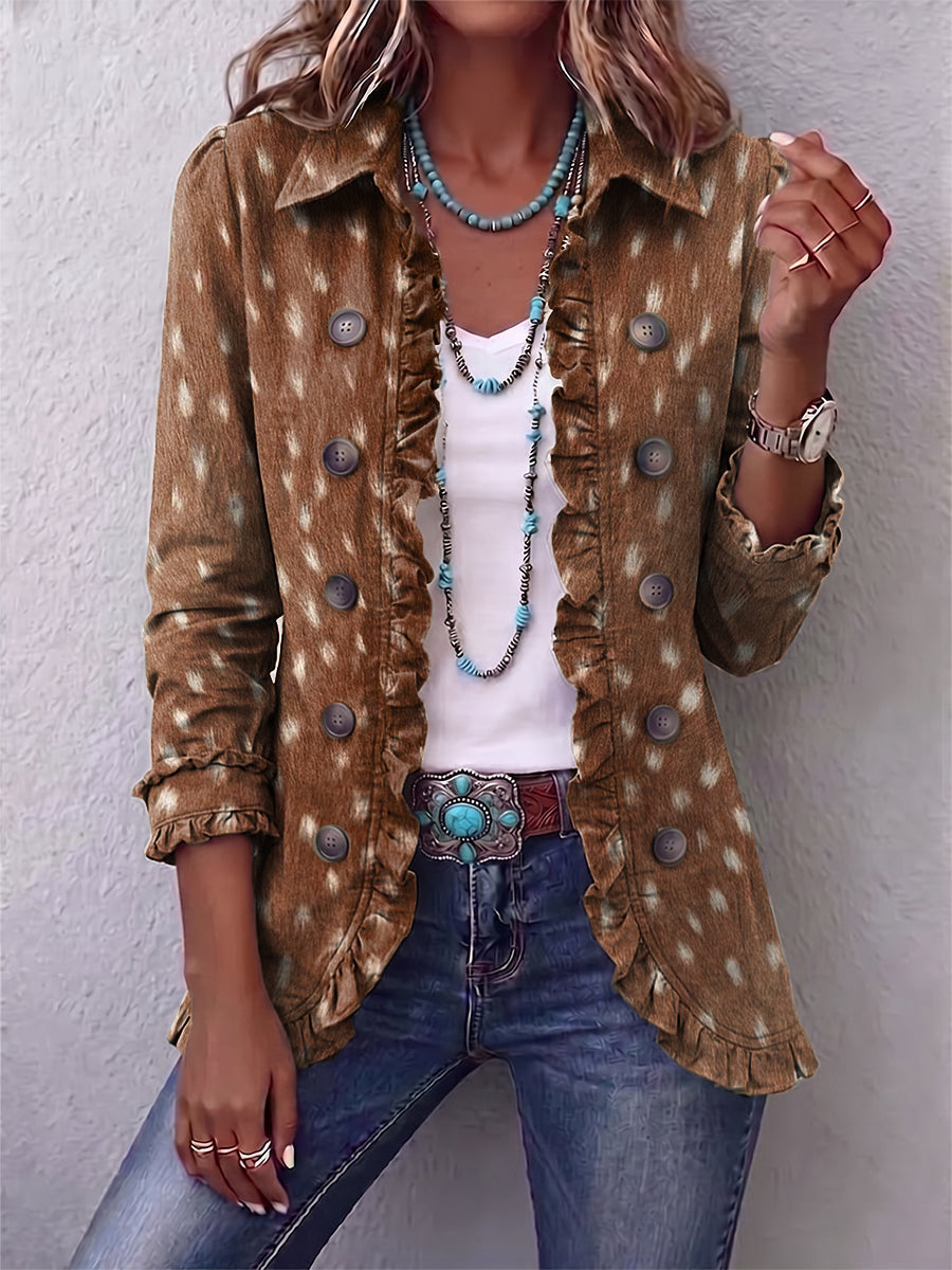 Animal Print Double Breasted Ruffle Trim Jacket