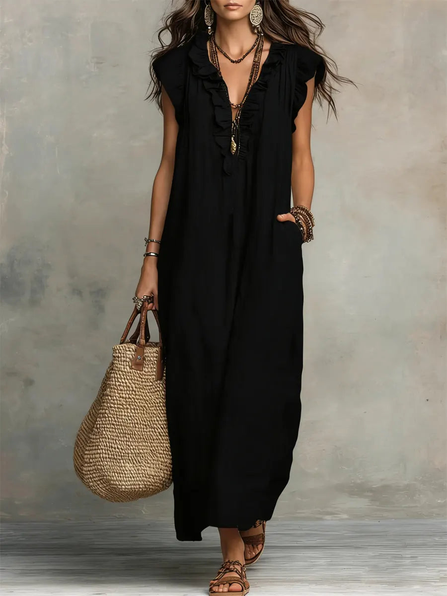Ruffle V-Neck Sleeveless Pocket Linen Maxi Dress