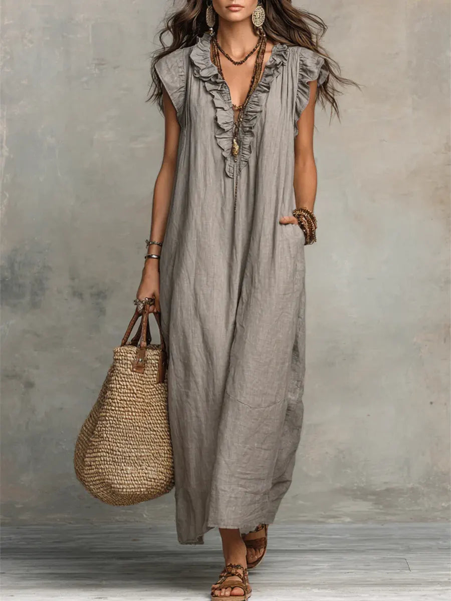 Ruffle V-Neck Sleeveless Pocket Linen Maxi Dress