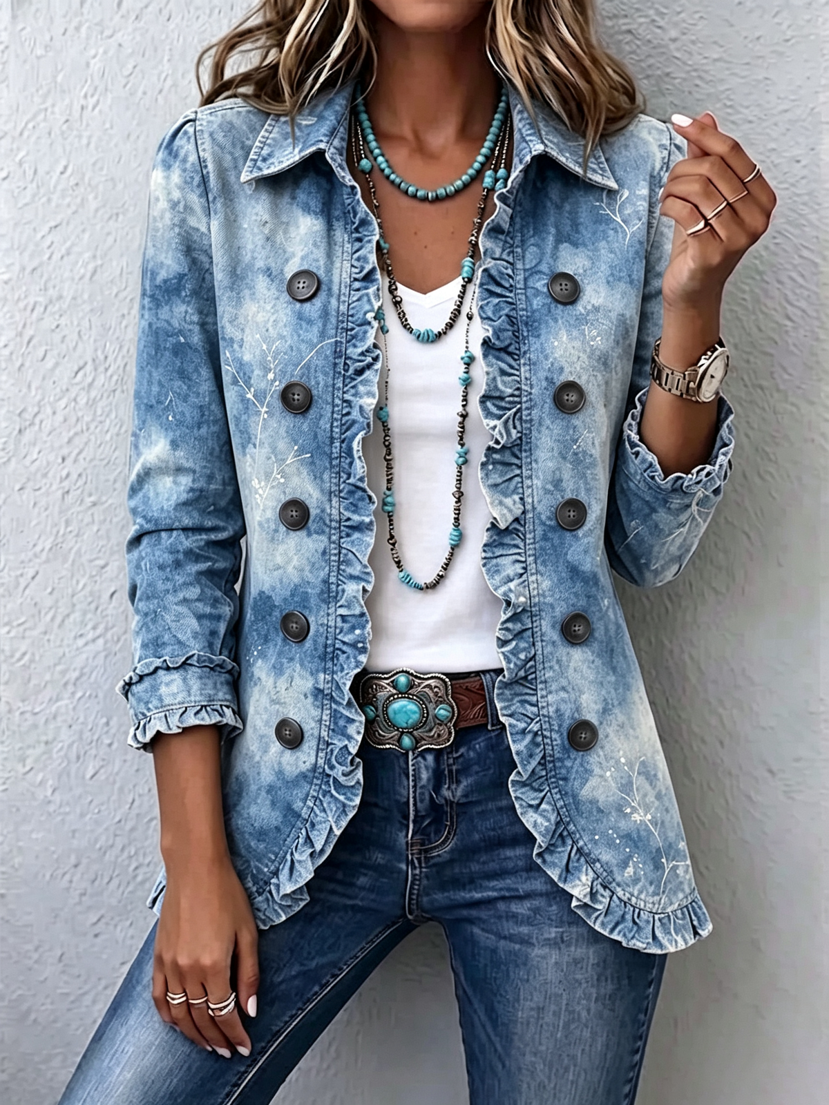 Floral Ruffle Trim Button Front Denim Look Jacket