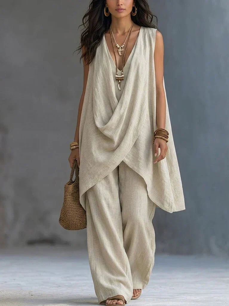 Sleeveless Cross Drape Top and Wide Leg Pants Two Piece Set