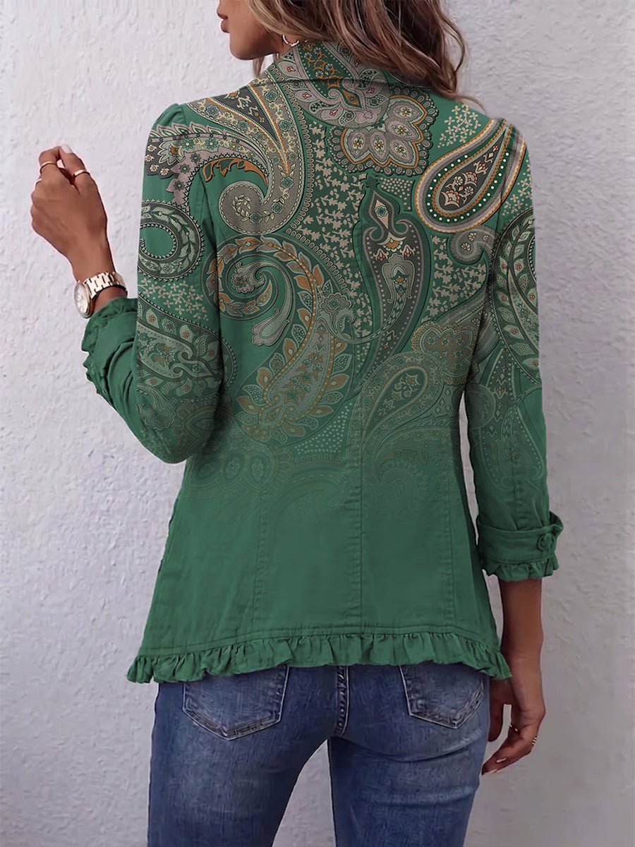 Paisley Print Ruffle Trim Button Front Jacket