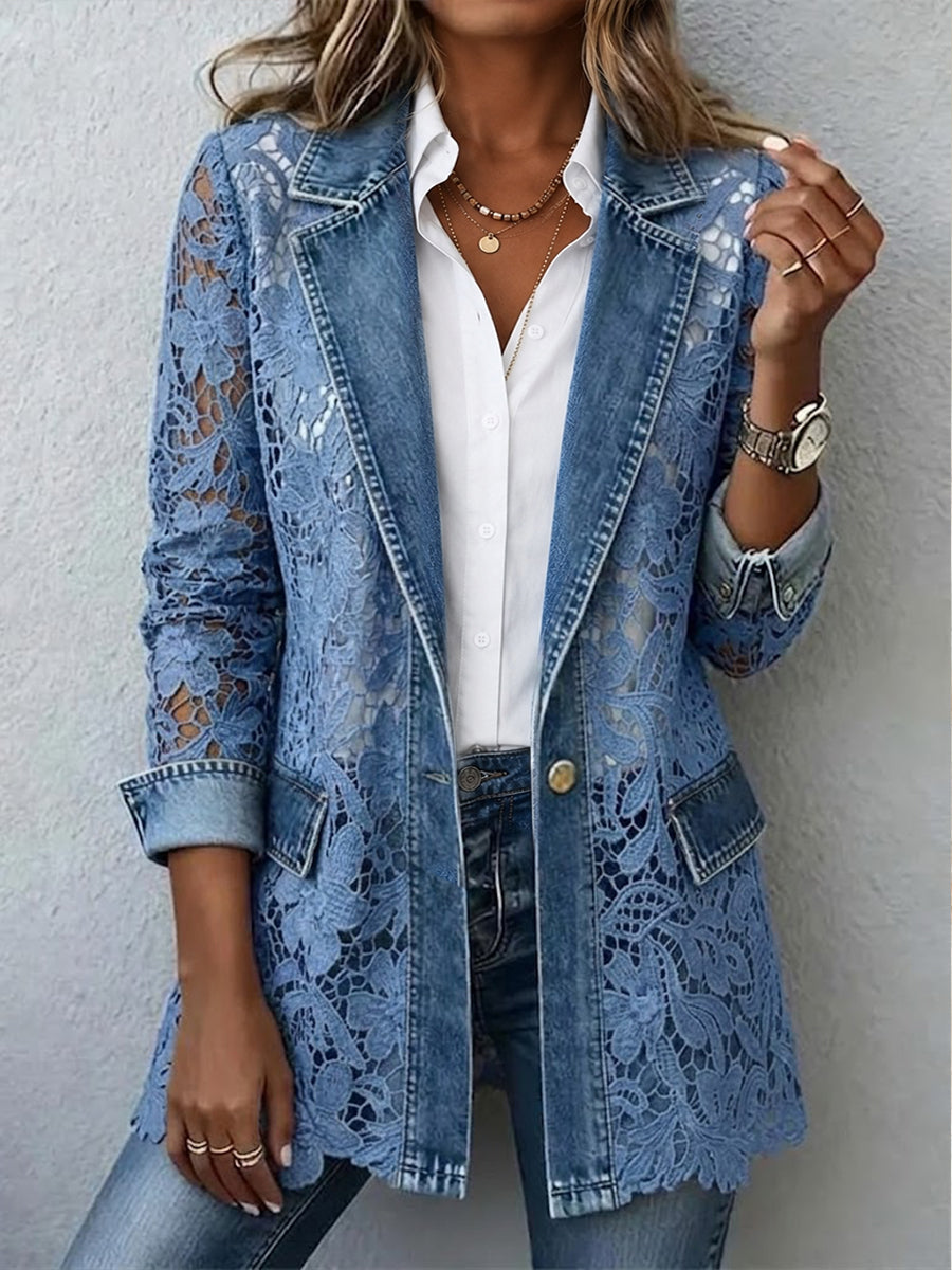 Floral Lace Panel Denim Look Notch Lapel Blazer