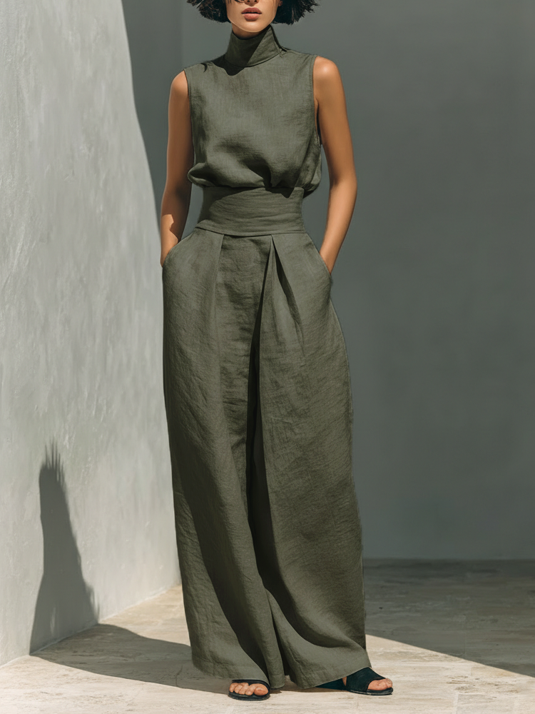 Sleeveless Mock Neck Top and Wide Leg Pants Two Piece Set