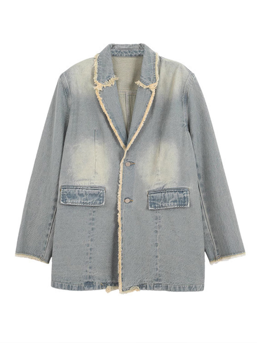 Frayed Raw Edge Single Breasted Denim Blazer