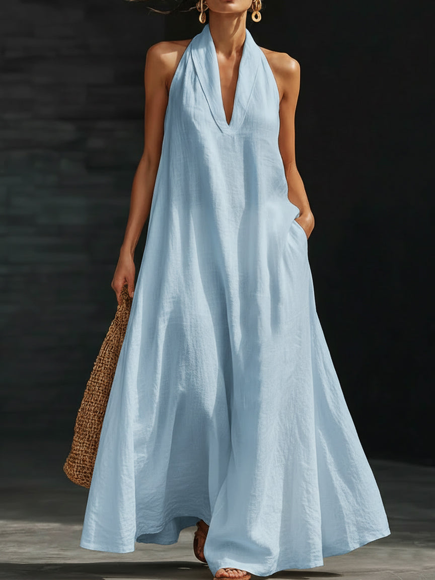 Halter Deep V-Neck Sleeveless Flowy Maxi Dress