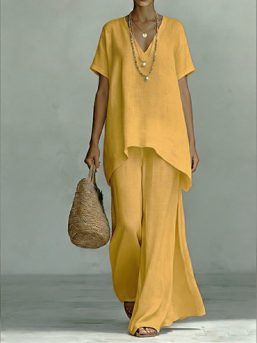 V-Neck Short Sleeve High Low Top and Wide Leg Pants Two Piece Set