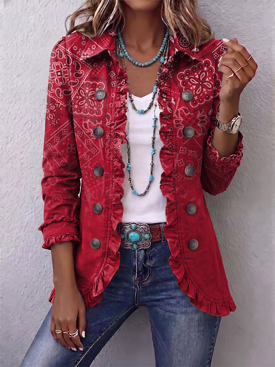 Paisley Bandana Print Ruffle Trim Button Front Jacket