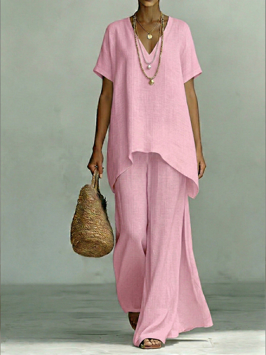 V-Neck Short Sleeve High Low Top and Wide Leg Pants Two Piece Set