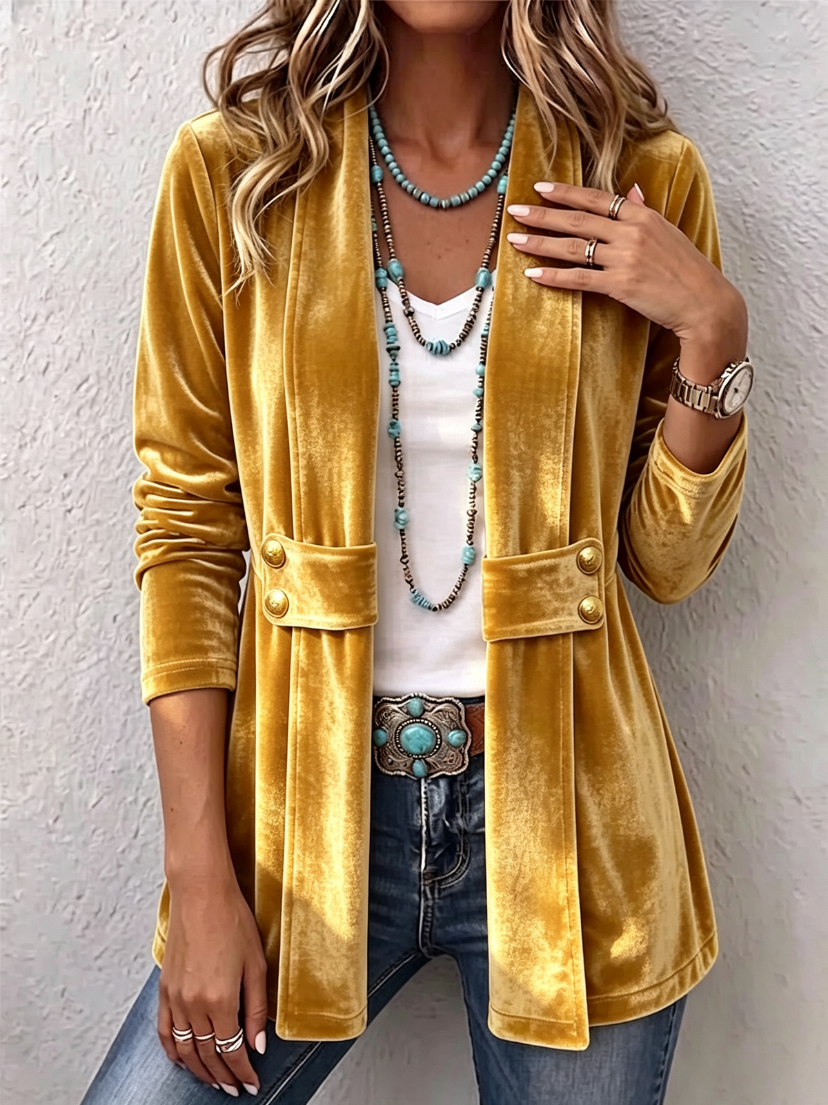Open Front Flap Pocket Button Velvet Jacket