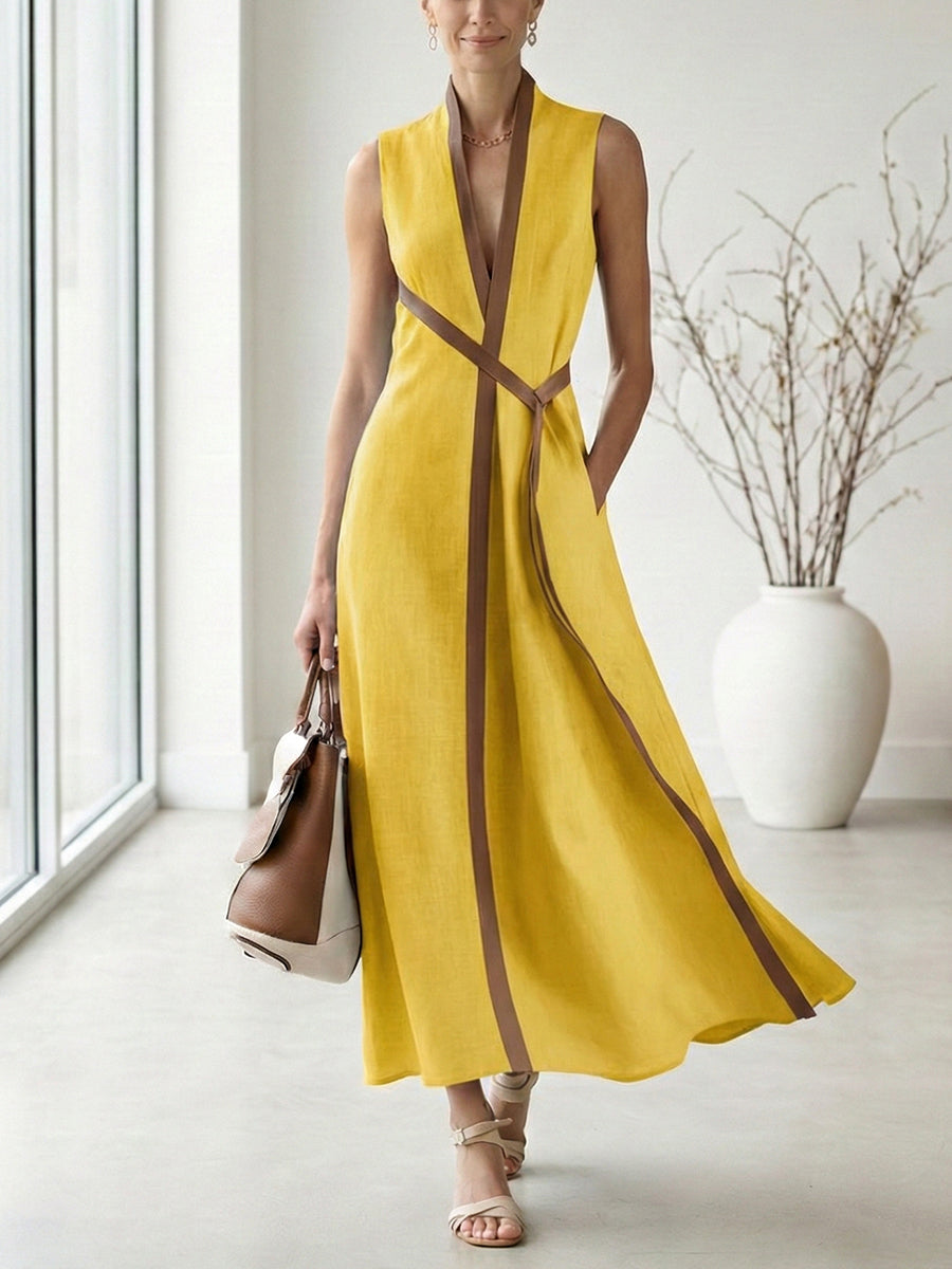 Deep V-Neck Sleeveless Contrast Trim Maxi Dress 4
