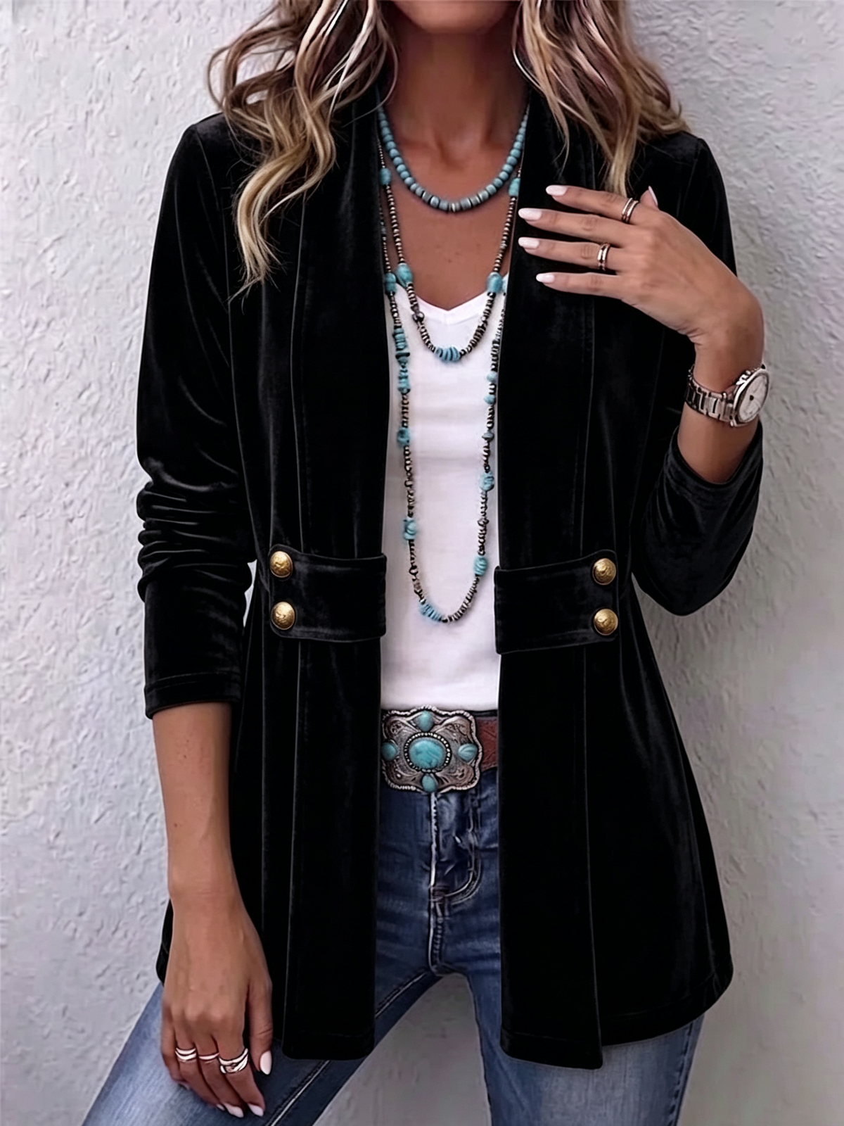 Open Front Flap Pocket Button Velvet Jacket