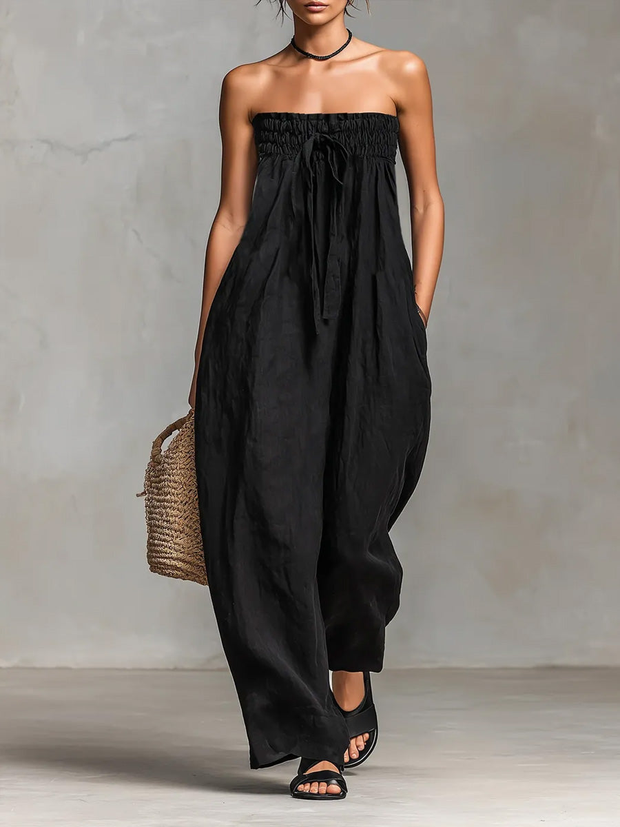 Strapless Smocked Tie Waist Wide Leg Jumpsuit