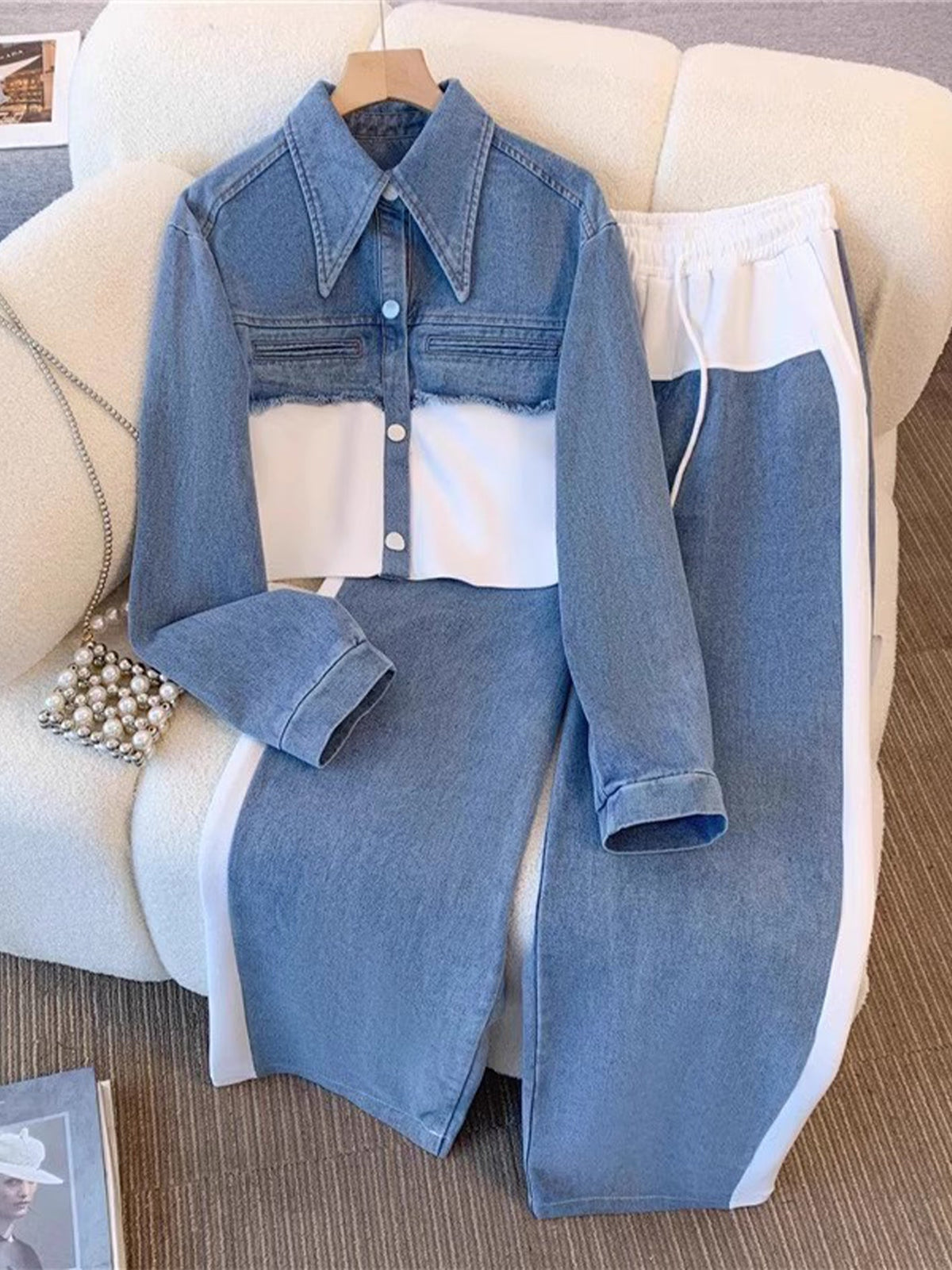 Collared Crop Denim Shirt and Side Stripe Pants Two Piece Set