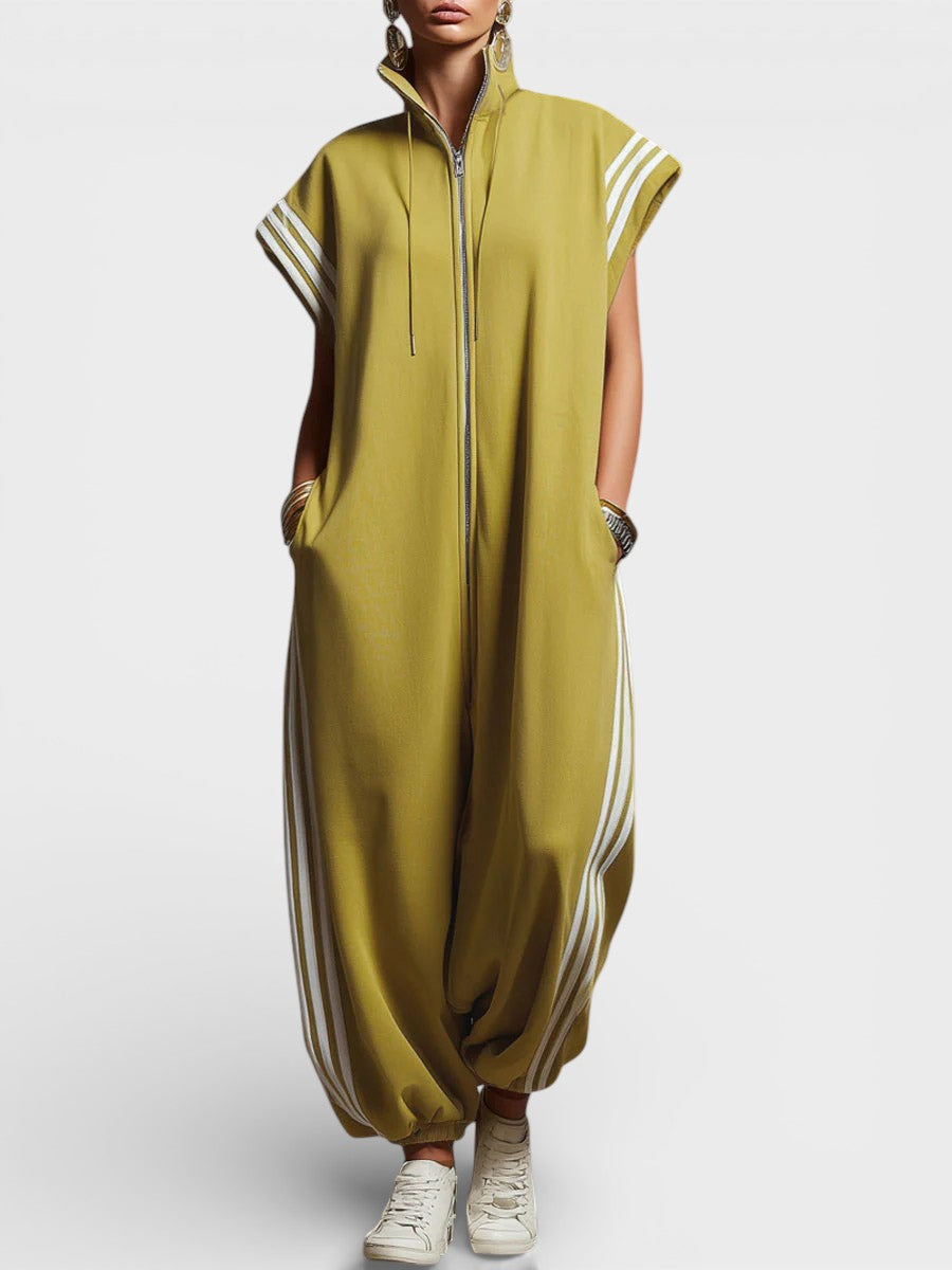 Stand Collar Zip Front Side Stripe Sleeveless Jumpsuit