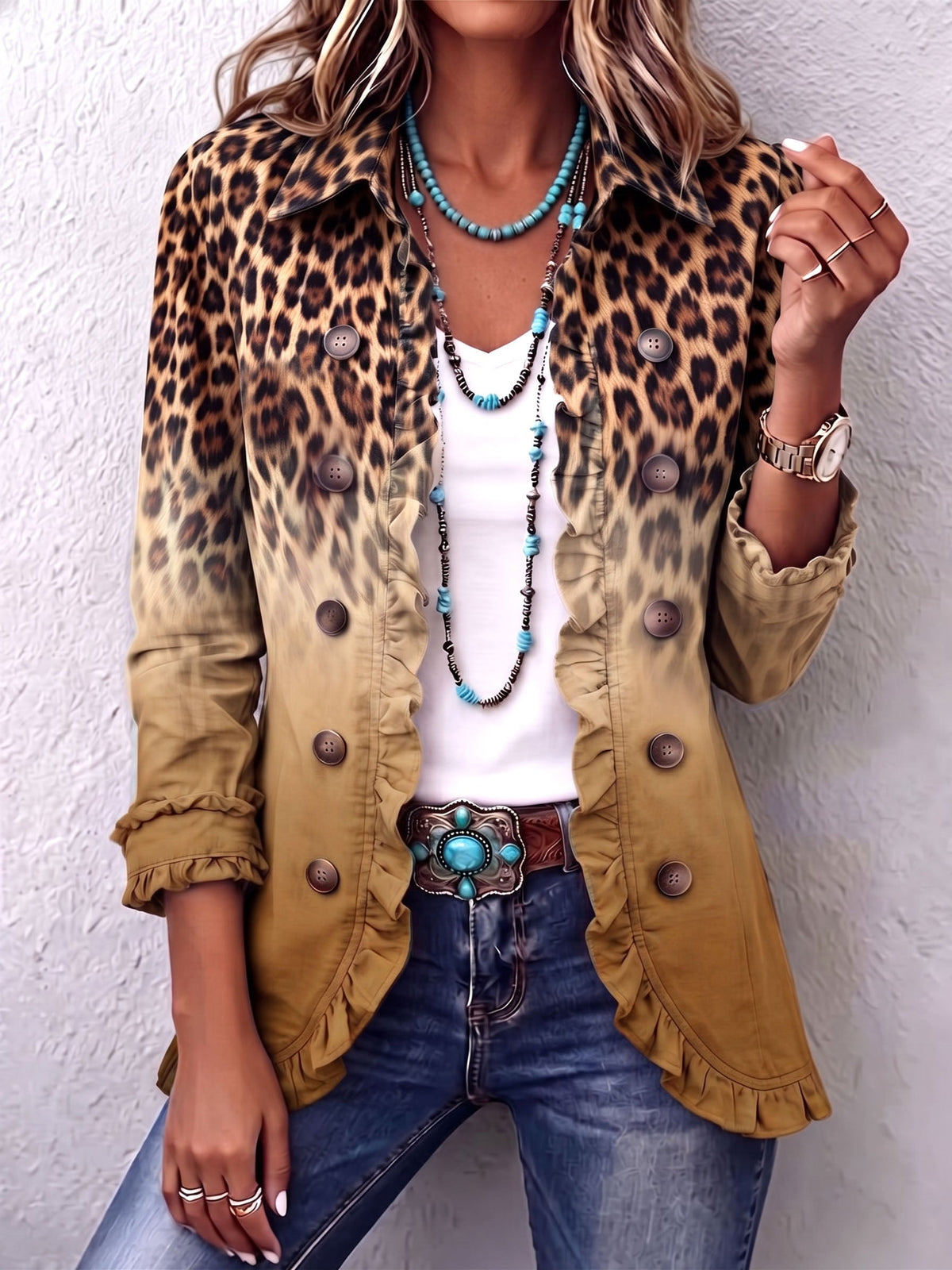Leopard Print Ombre Ruffle Trim Button Front Jacket