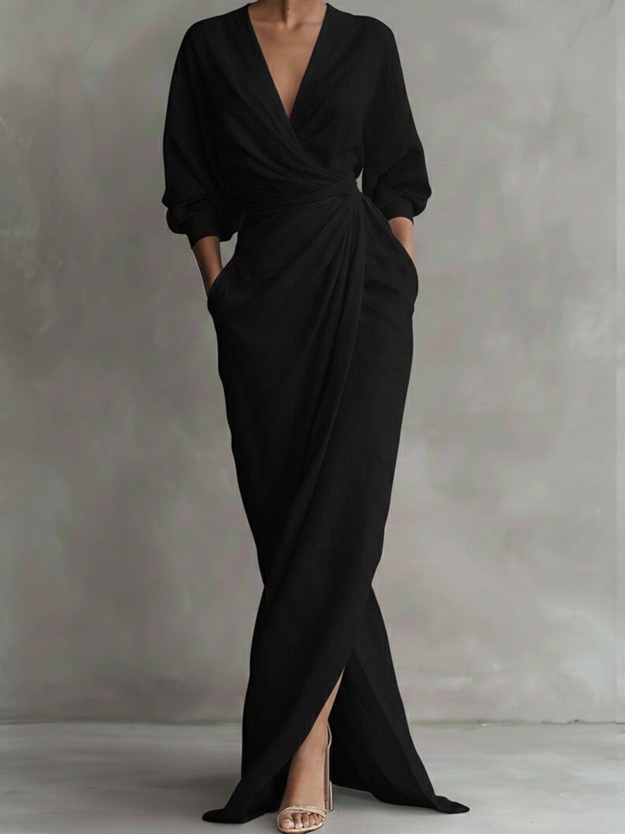 V-Neck Long Sleeve Wrap Draped Maxi Dress