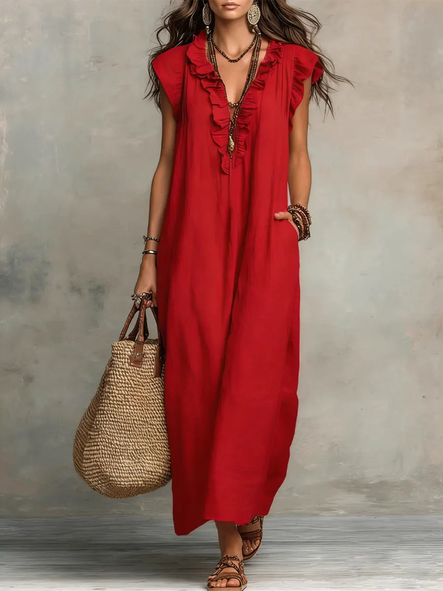 Ruffle V-Neck Sleeveless Pocket Linen Maxi Dress