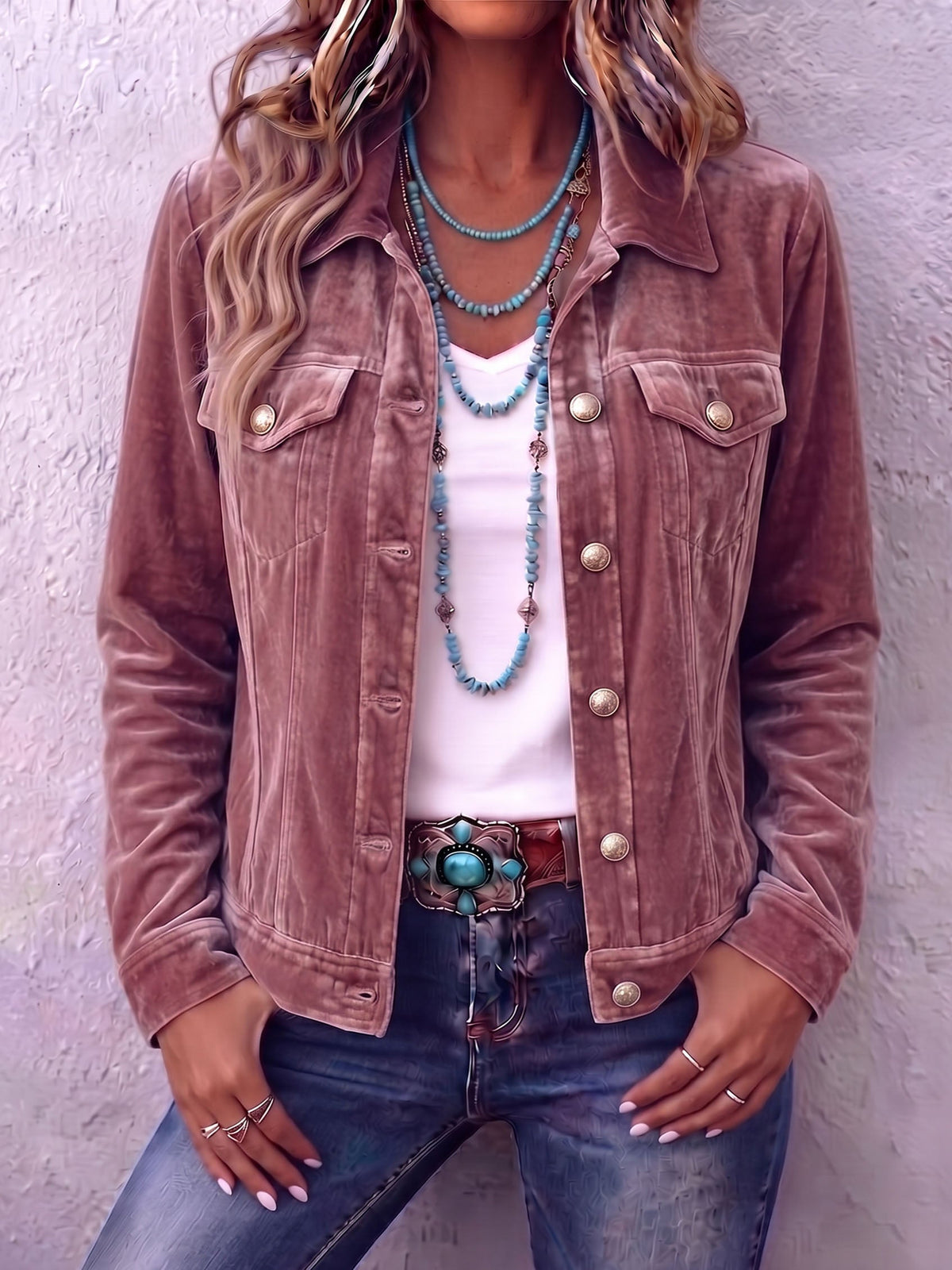 Collared Button Front Chest Pocket Velvet Trucker Jacket