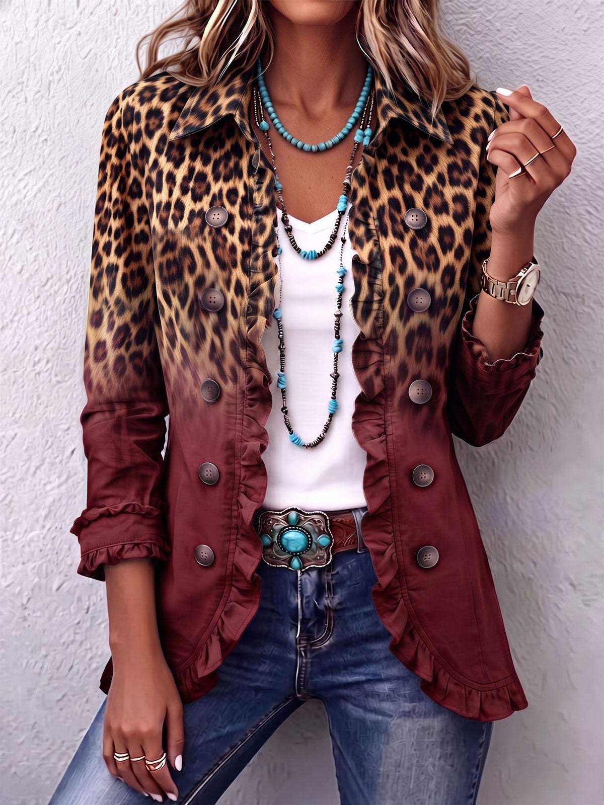 Leopard Print Ombre Ruffle Trim Button Front Jacket