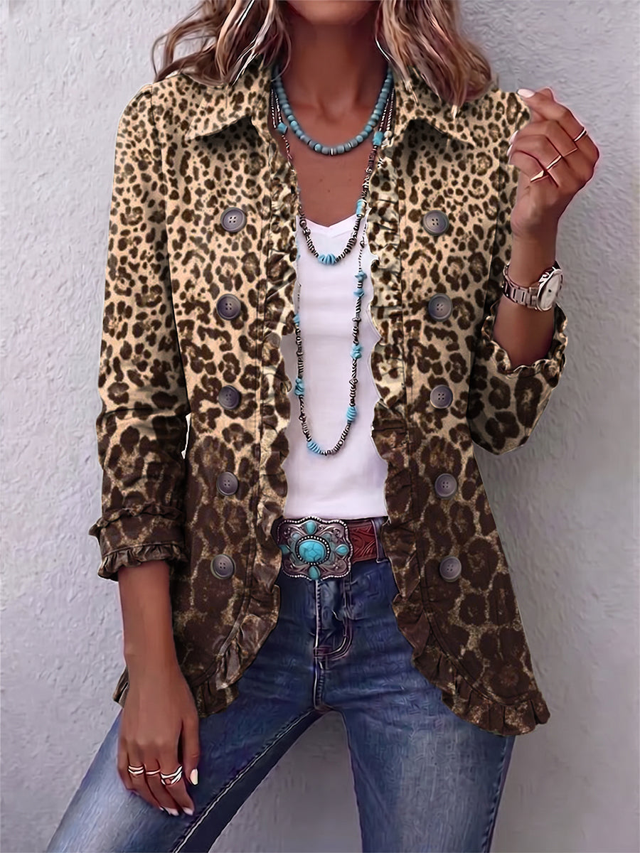 Leopard Print Button Front Ruffle Hem Shacket