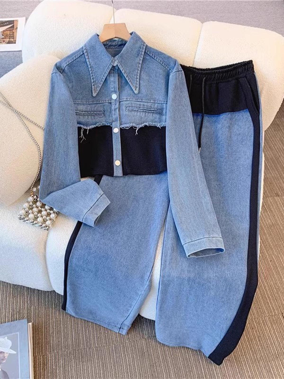 Collared Crop Denim Shirt and Side Stripe Pants Two Piece Set