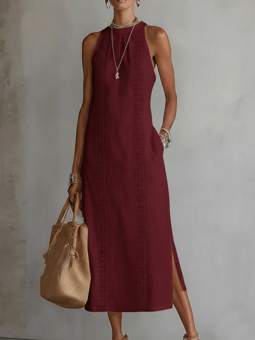 Halter Neck Lace Trim Side Split Maxi Dress