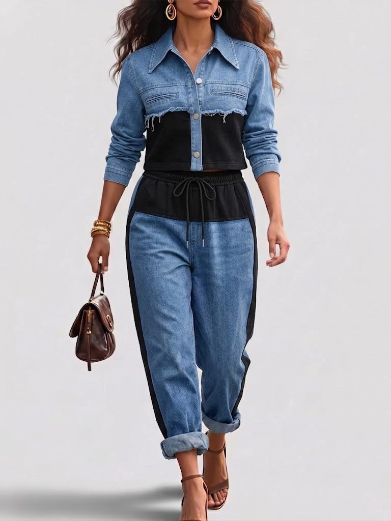 Collared Crop Denim Shirt and Side Stripe Pants Two Piece Set