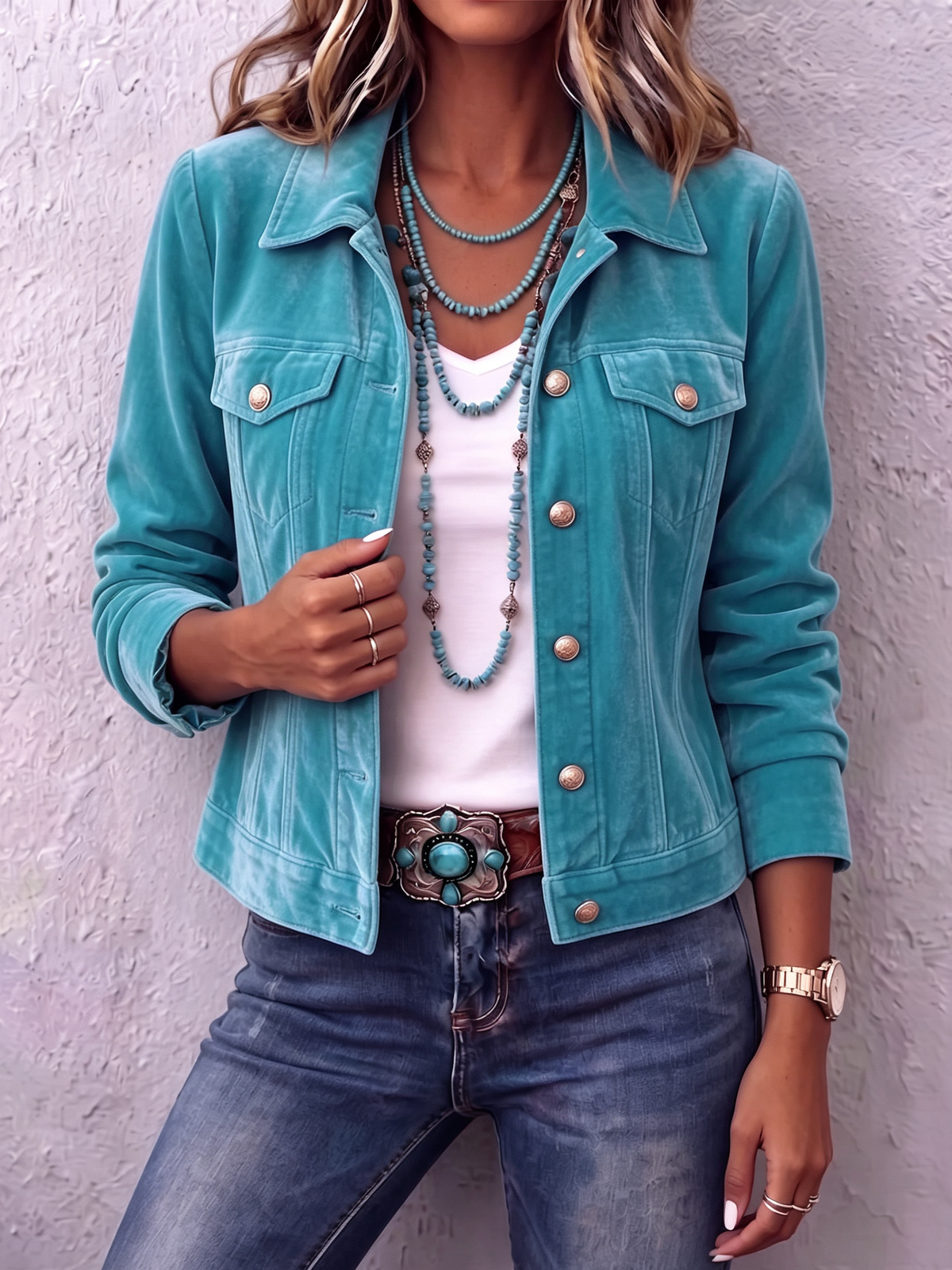 Collared Button Front Chest Pocket Velvet Trucker Jacket