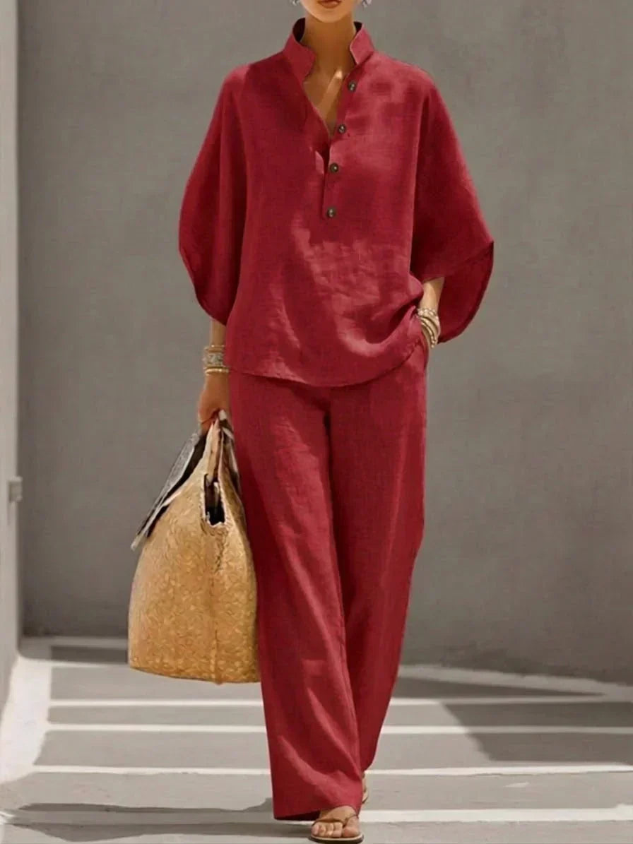 Stand Collar Half Placket Top and Wide Leg Pants Two Piece Set